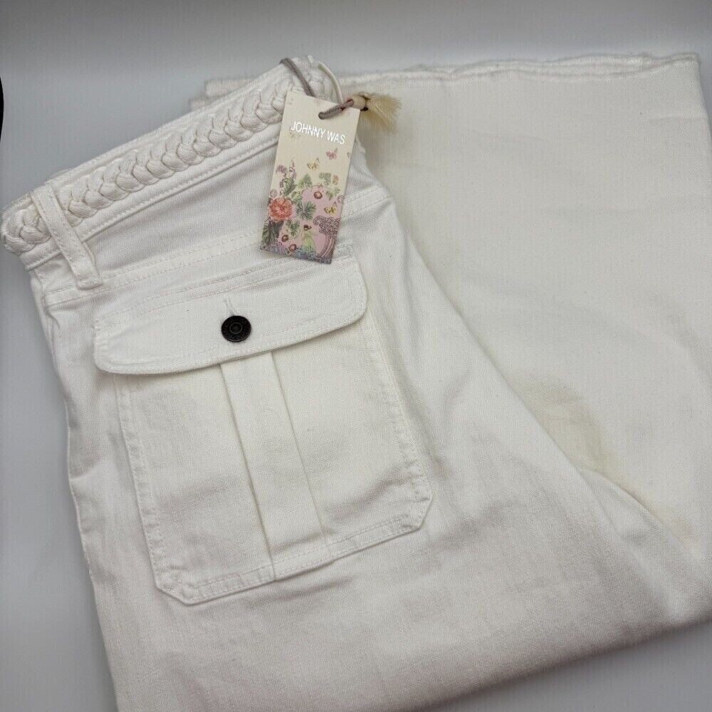 Johnny Was Braided Wide Leg Jeans High Rise Comfort Stretch White Size 27 $278